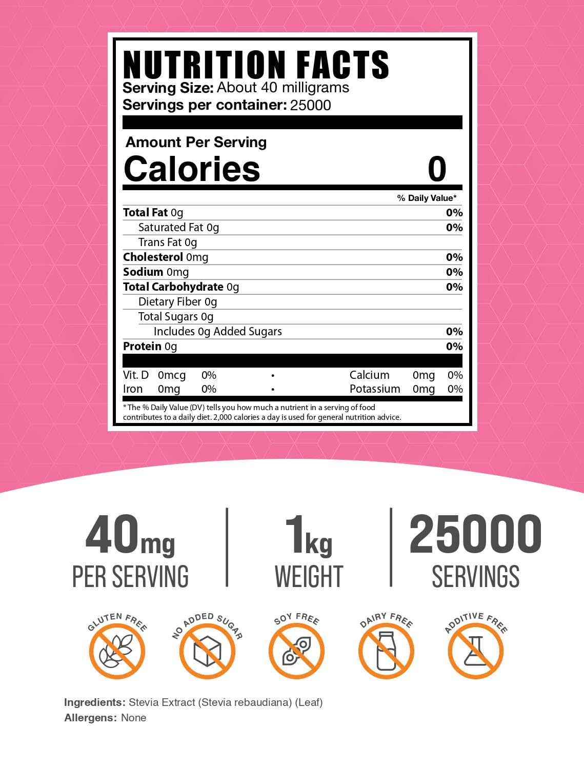 BulkSupplements Stevia Extract Powder, endulzante natural sin calorías para bebidas.