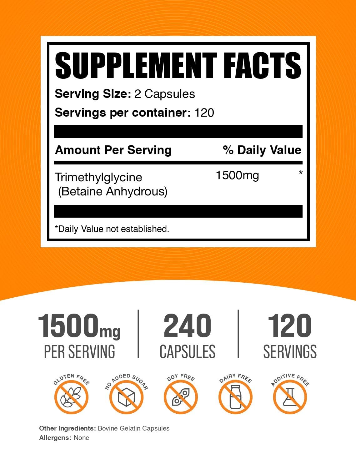 BulkSupplements TMG cápsulas, dosis por porción para entrenamientos constantes.