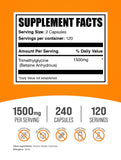 BulkSupplements TMG cápsulas, dosis por porción para entrenamientos constantes.