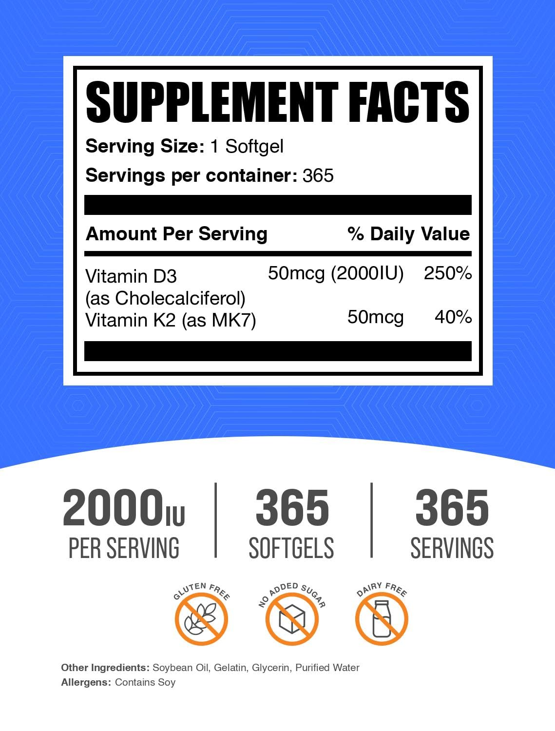 Bulksupplements etiqueta de vitamina D3 y K2, fácil identificación en la rutina