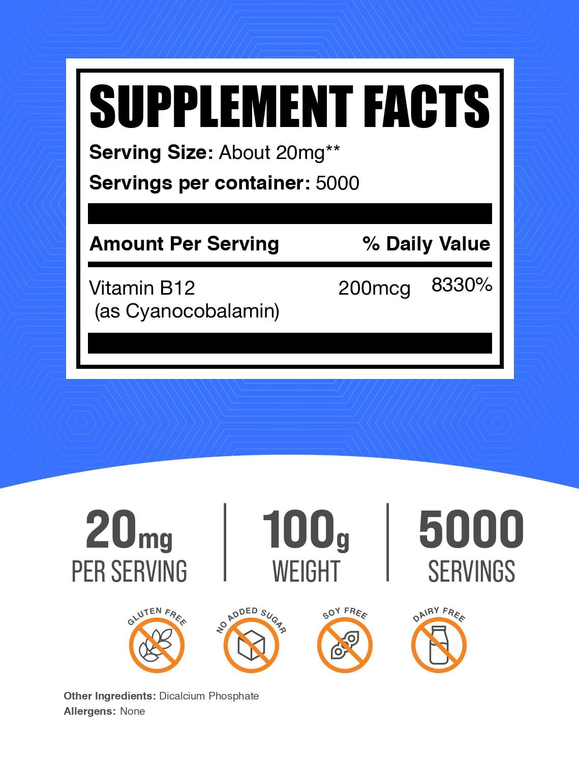 BulkSupplements Vitamina B12 polvo con etiqueta clara y transparente