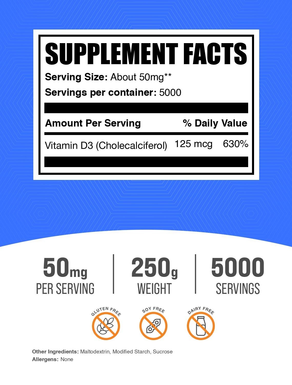 BulkSupplements Vitamina D3 en polvo: cuchara medidora para añadir a batidos.