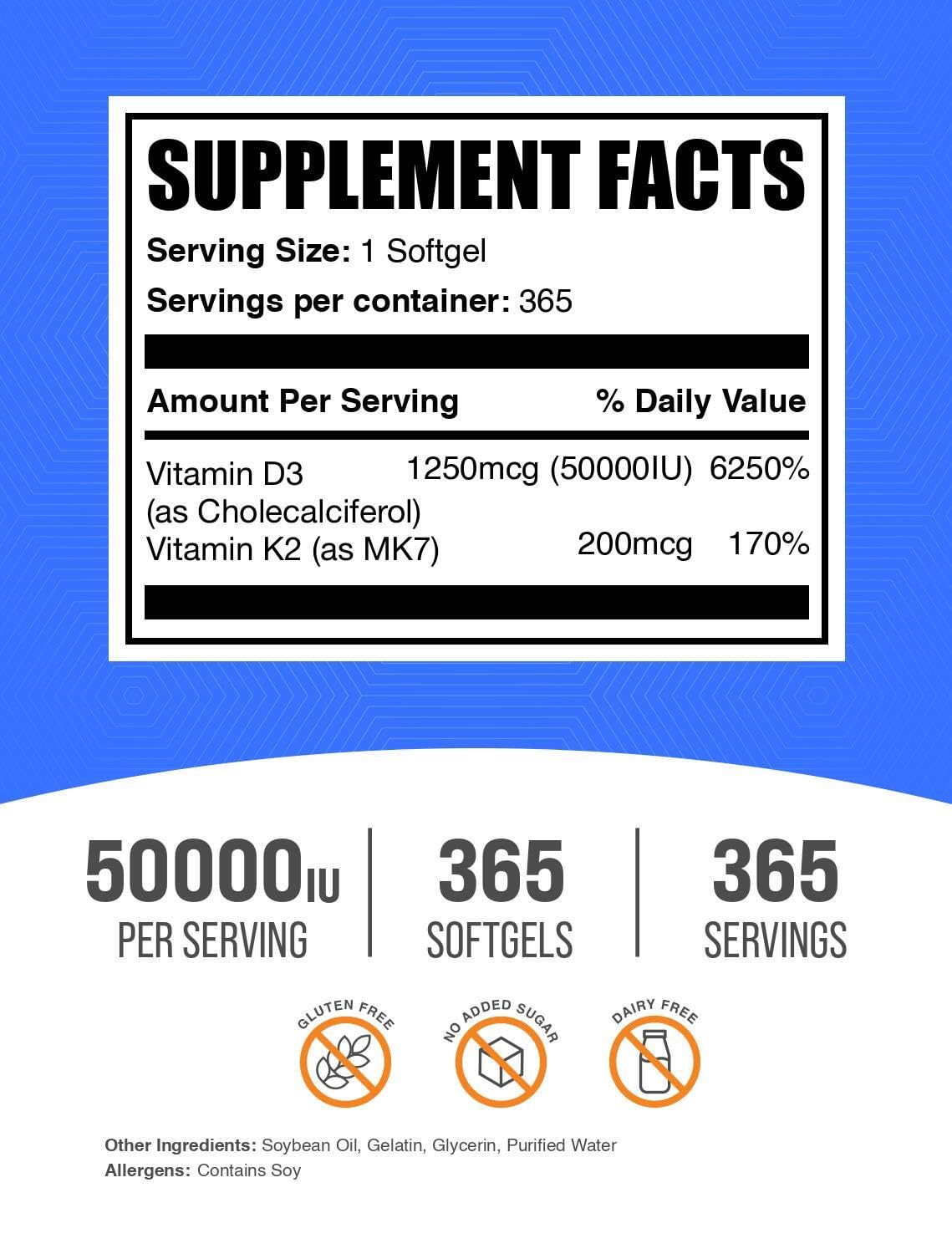Detalle de la etiqueta de Bulksupplements Vitamina D3 + K2; apoyo diario para bienestar.
