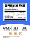 Detalle de la etiqueta de Bulksupplements Vitamina D3 + K2; apoyo diario para bienestar.