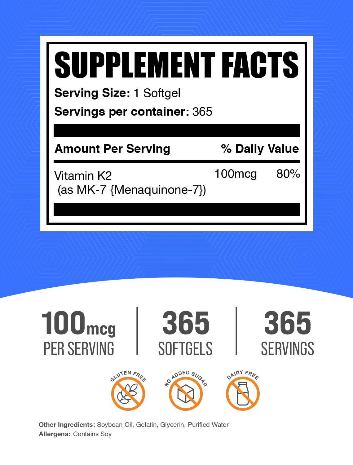 BulkSupplements vitamina K2 MK7 dosis diaria fácil de incorporar en comidas