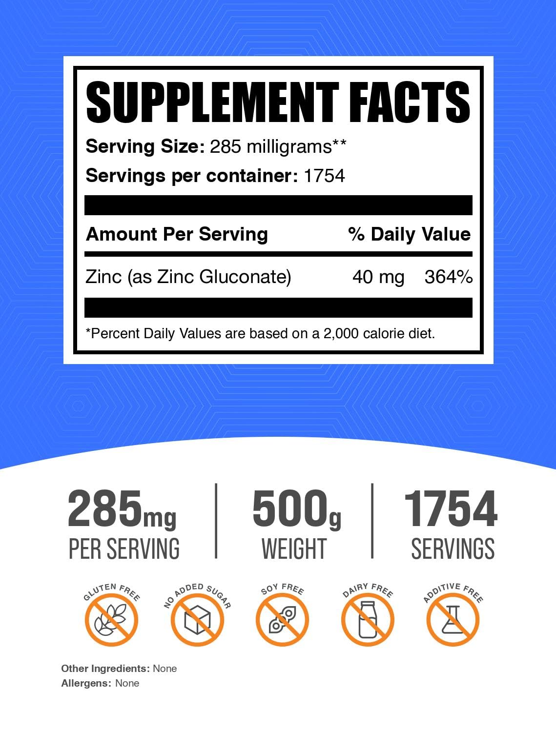BulkSupplements zinc gluconato 40 mg en polvo para ingesta sencilla.