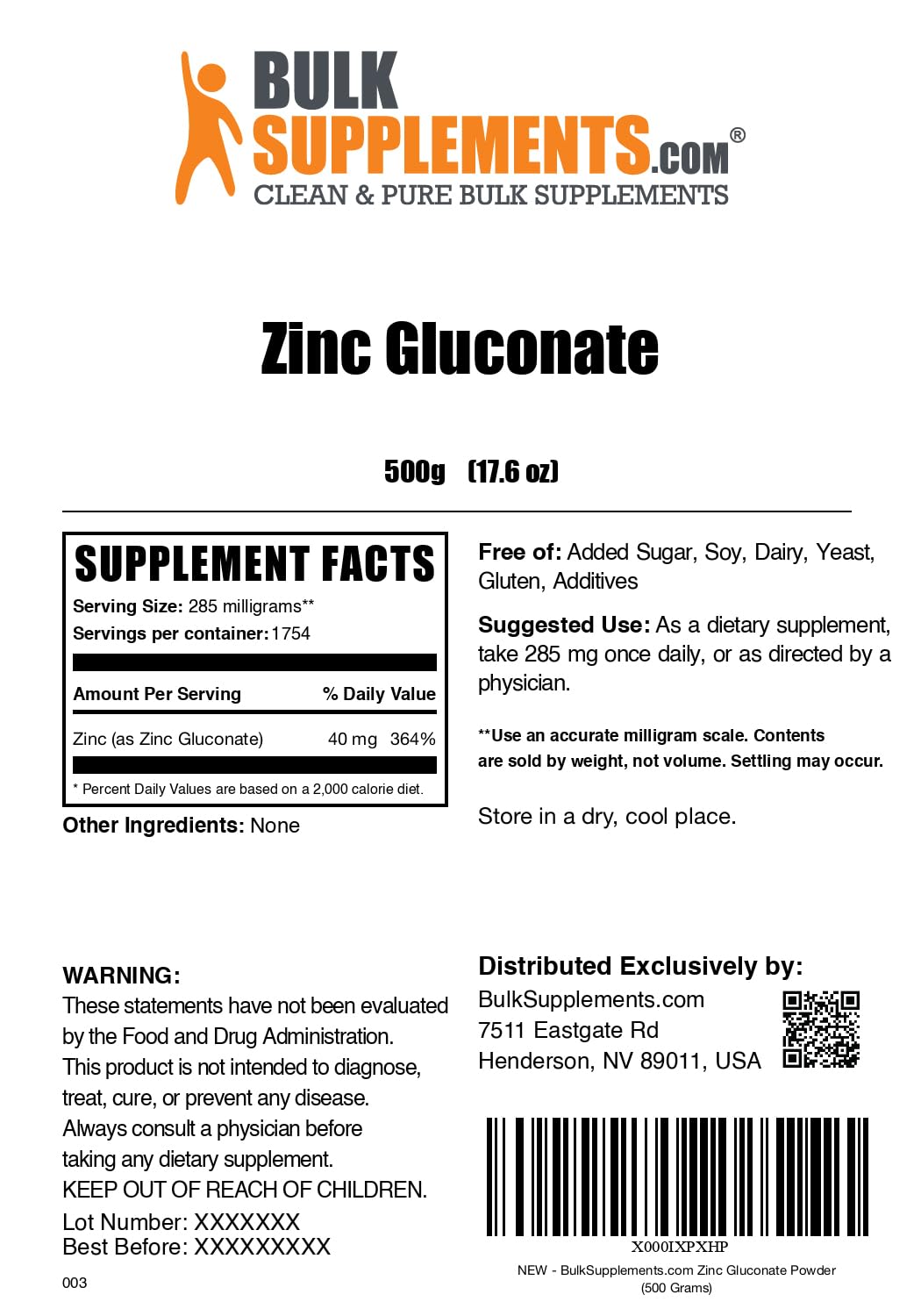 BulkSupplements zinc gluconato en polvo en frasco de 500 g para mezclar.