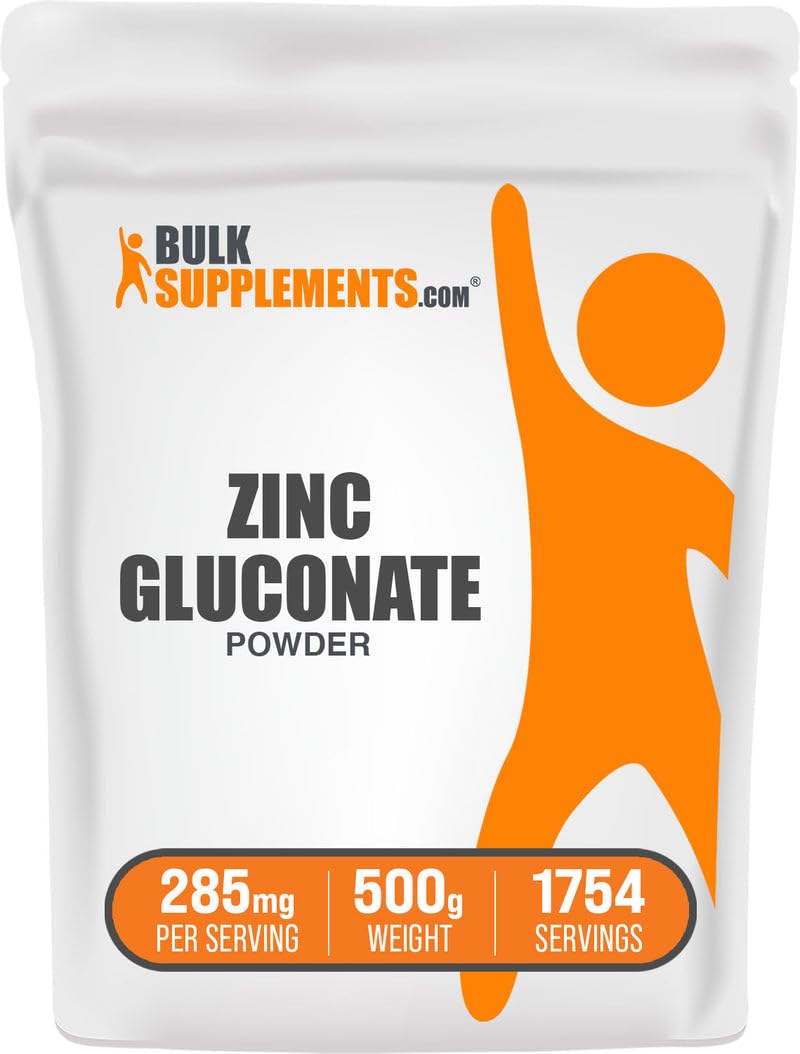 BulkSupplements zinc gluconato en polvo para energía diaria y bienestar.
