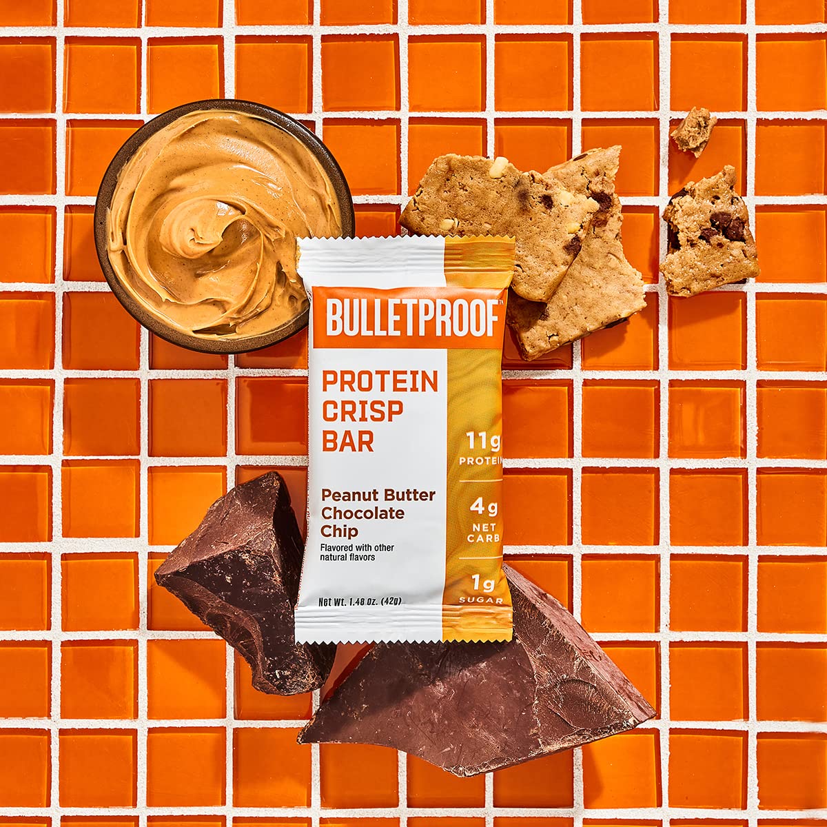 Bulletproof barra proteica crujiente con chispas de chocolate para merienda rápida
