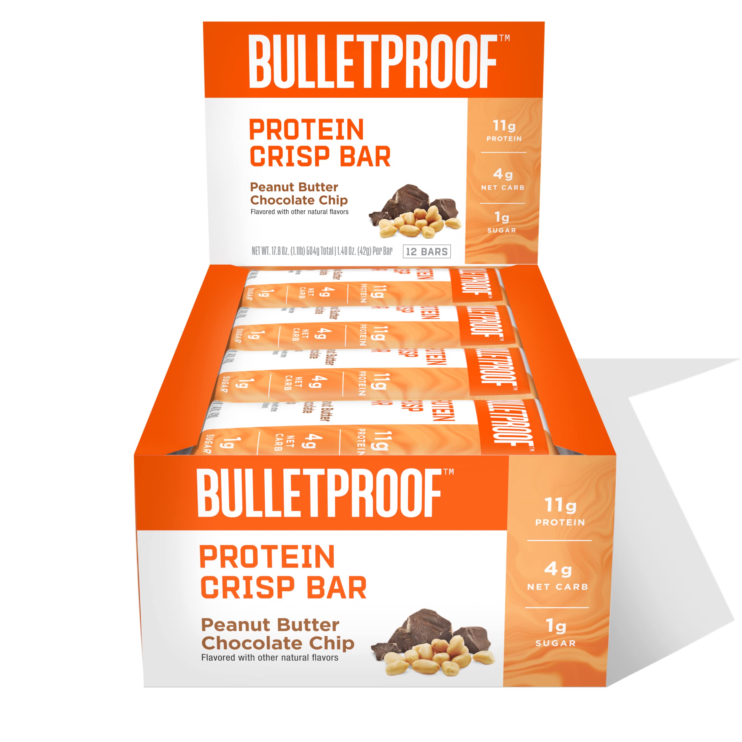 Bulletproof barra proteica crujiente con mantequilla de cacahuete y chispas de chocolate para snack sabroso