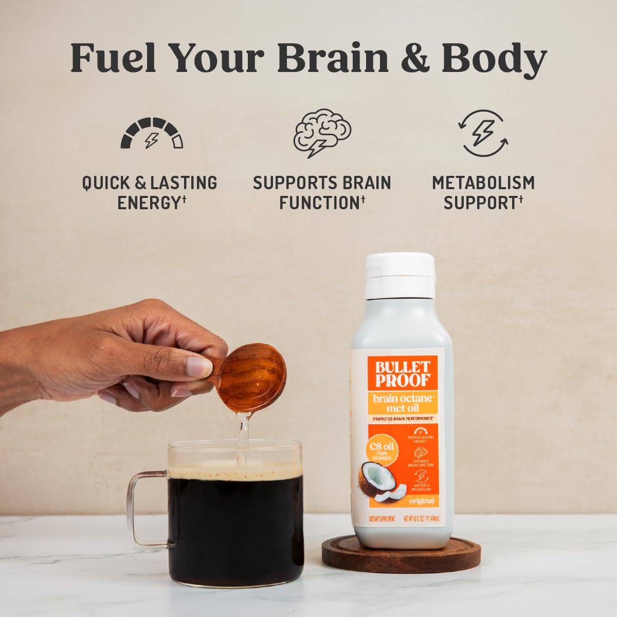 Bulletproof Brain Octane C8 MCT Oil para café; energía rápida por la mañana