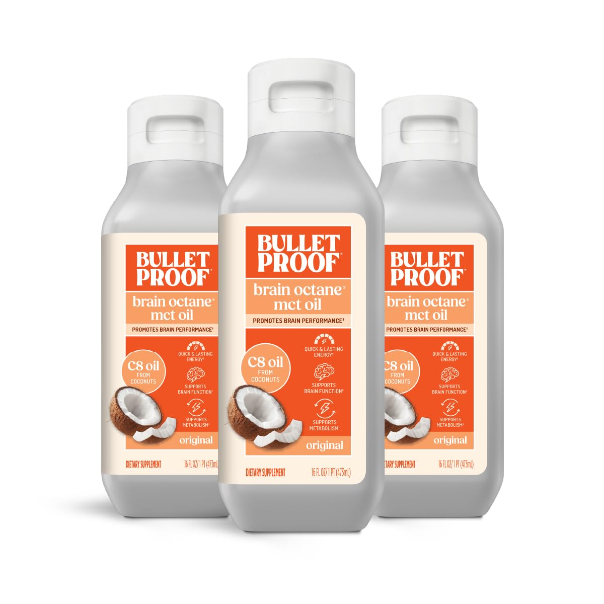 Bulletproof Brain Octane C8 MCT Oil con tres botes; energía sostenida para tu día
