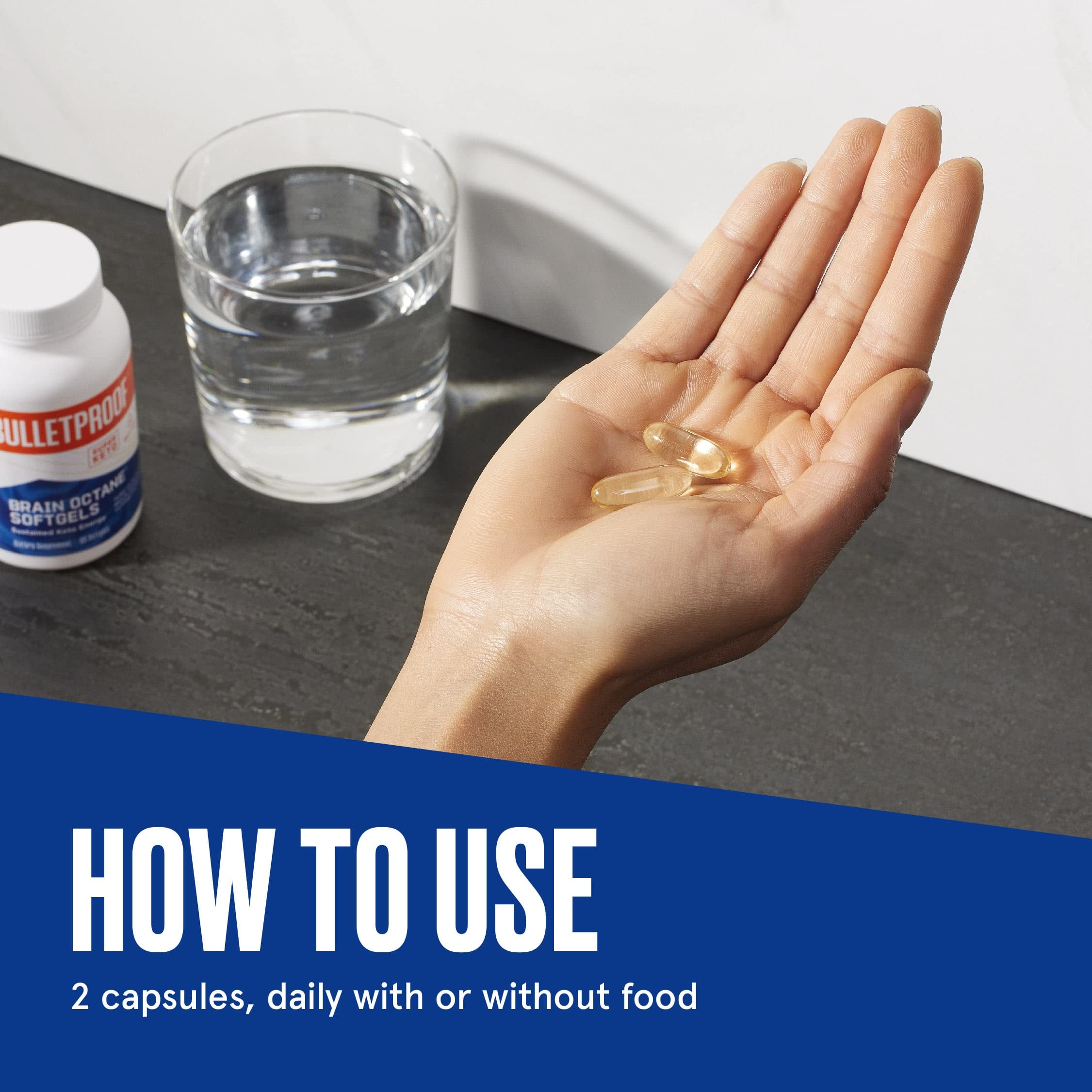 Bulletproof Brain Octane Softgels muestra dosis rápida y fácil.