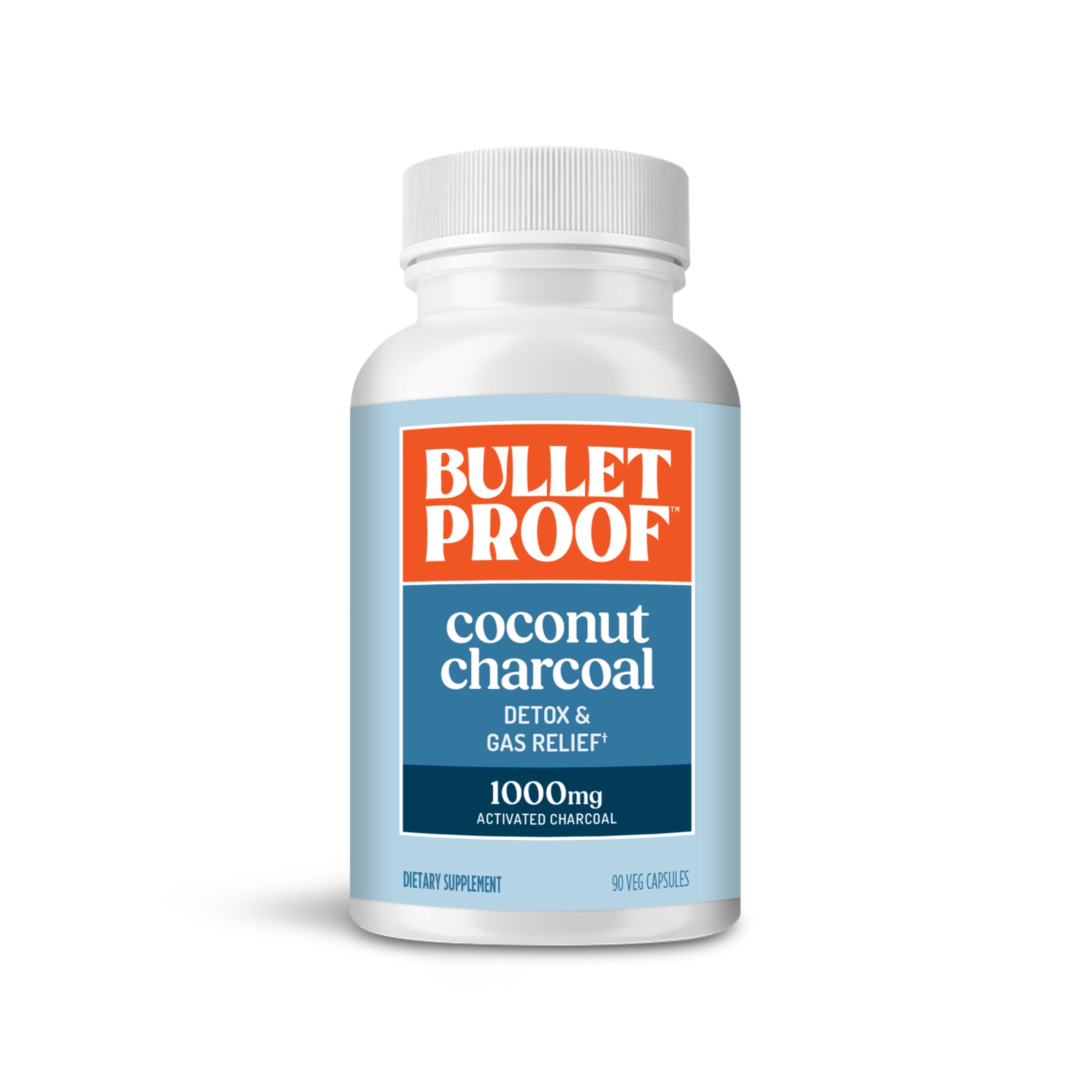 Bulletproof cápsulas carbón activado coco para desintoxicación suave y alivio de gases.