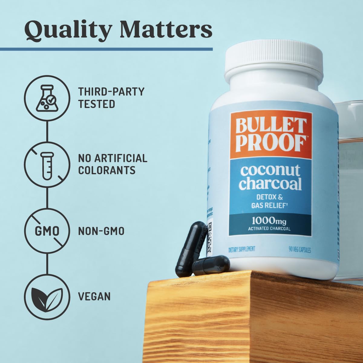 Bulletproof cápsulas carbón activado coco sin OGM para digestión natural.
