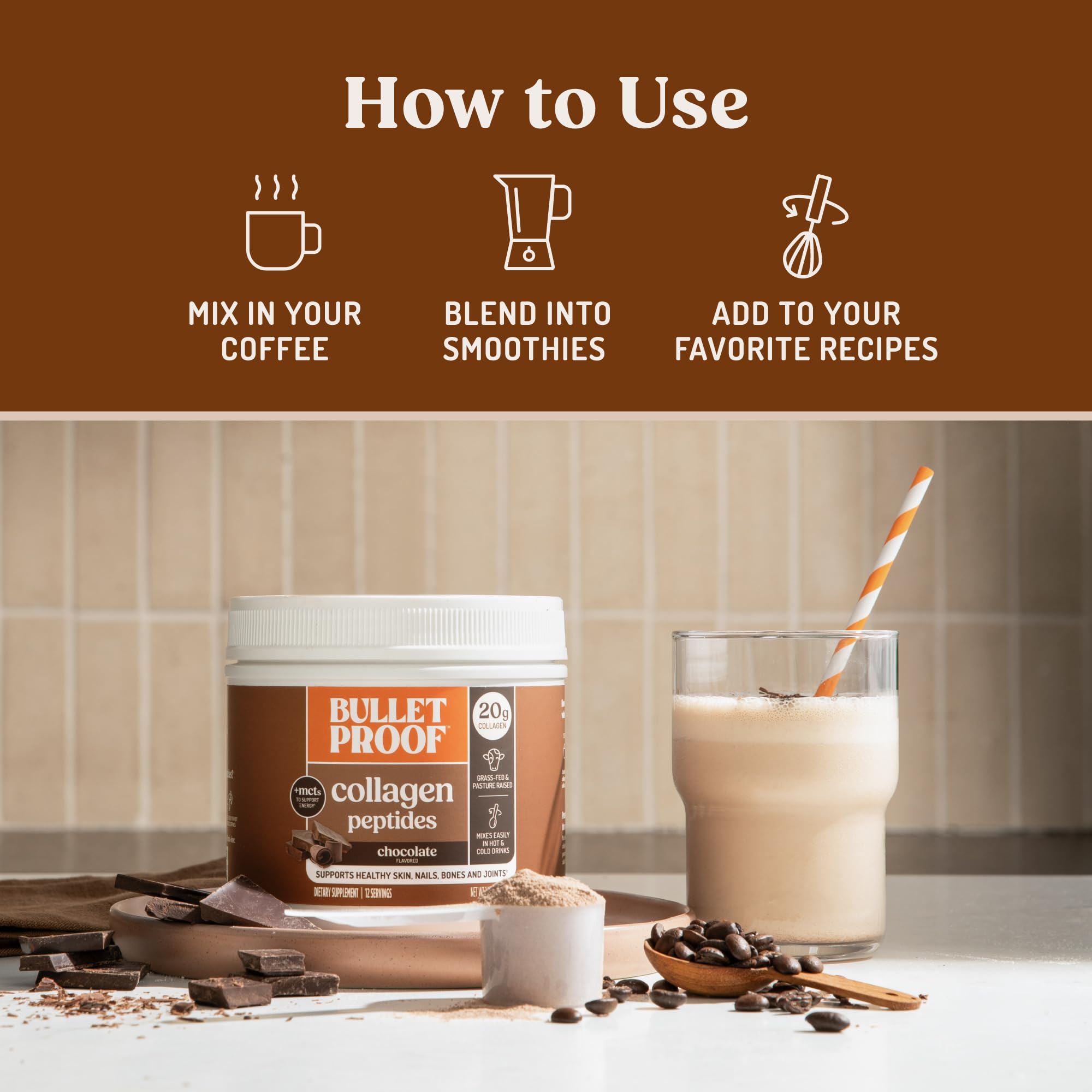Bulletproof colágeno chocolate bebida caliente, mezcla rápida y sin azúcar.