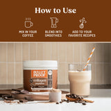 Bulletproof colágeno chocolate bebida caliente, mezcla rápida y sin azúcar.
