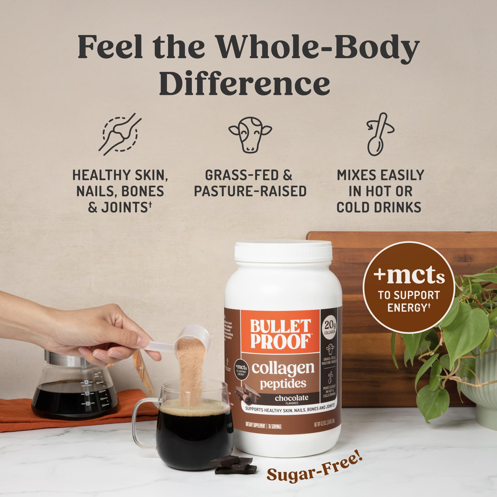 Bulletproof chocolate colágeno mezcla con batidos para una textura sedosa
