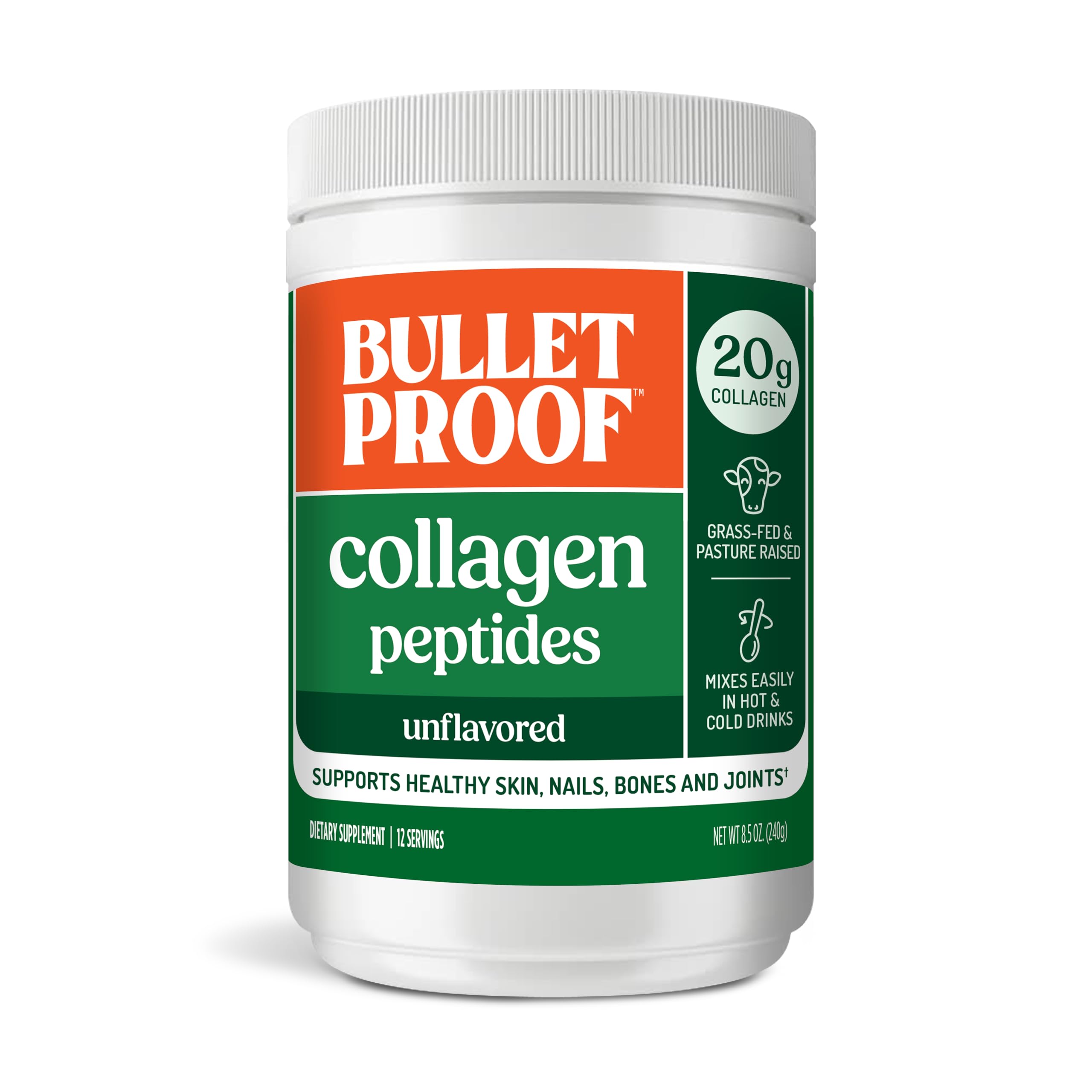 Bulletproof Colágeno en frasco, polvo sin sabor para batidos.