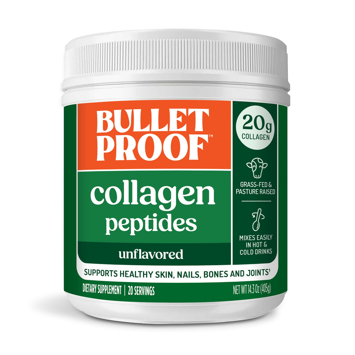 Bulletproof Colágeno Peptidos sin sabor, vista frontal de la lata, apoyo para piel y articulaciones.