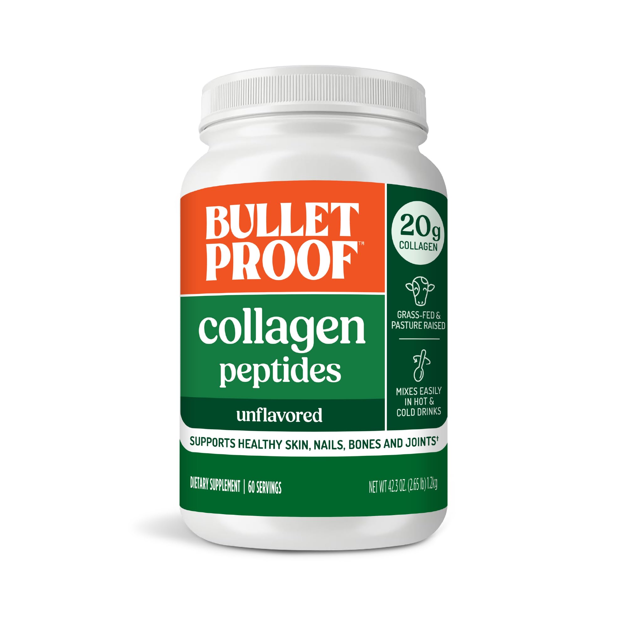 Bulletproof Collagen Peptidos sin sabor, frasco de 42,3 onzas, ideal para apoyo de piel.