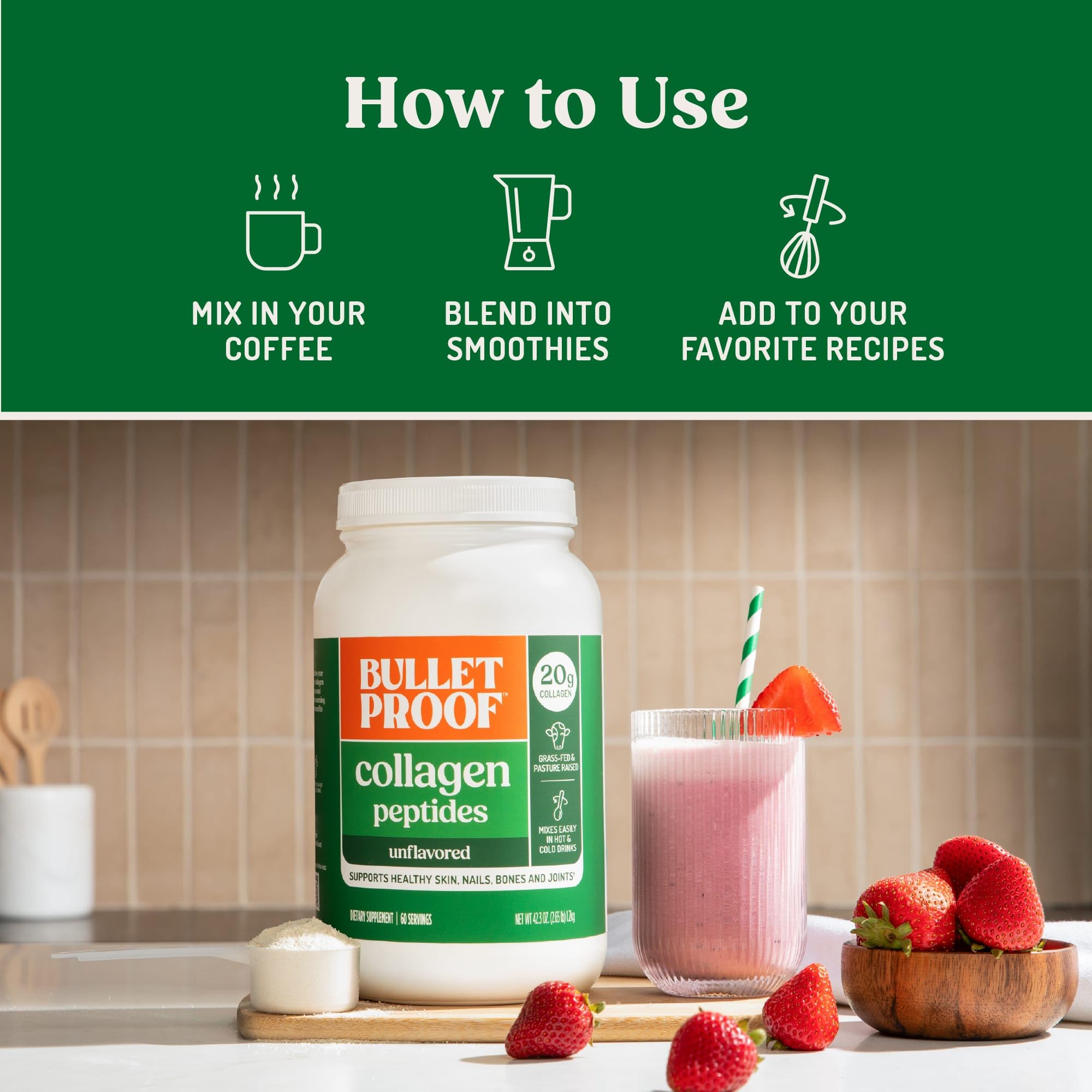 Bulletproof Collagen Peptidos sin sabor, se añade a sopas para aporte diario.