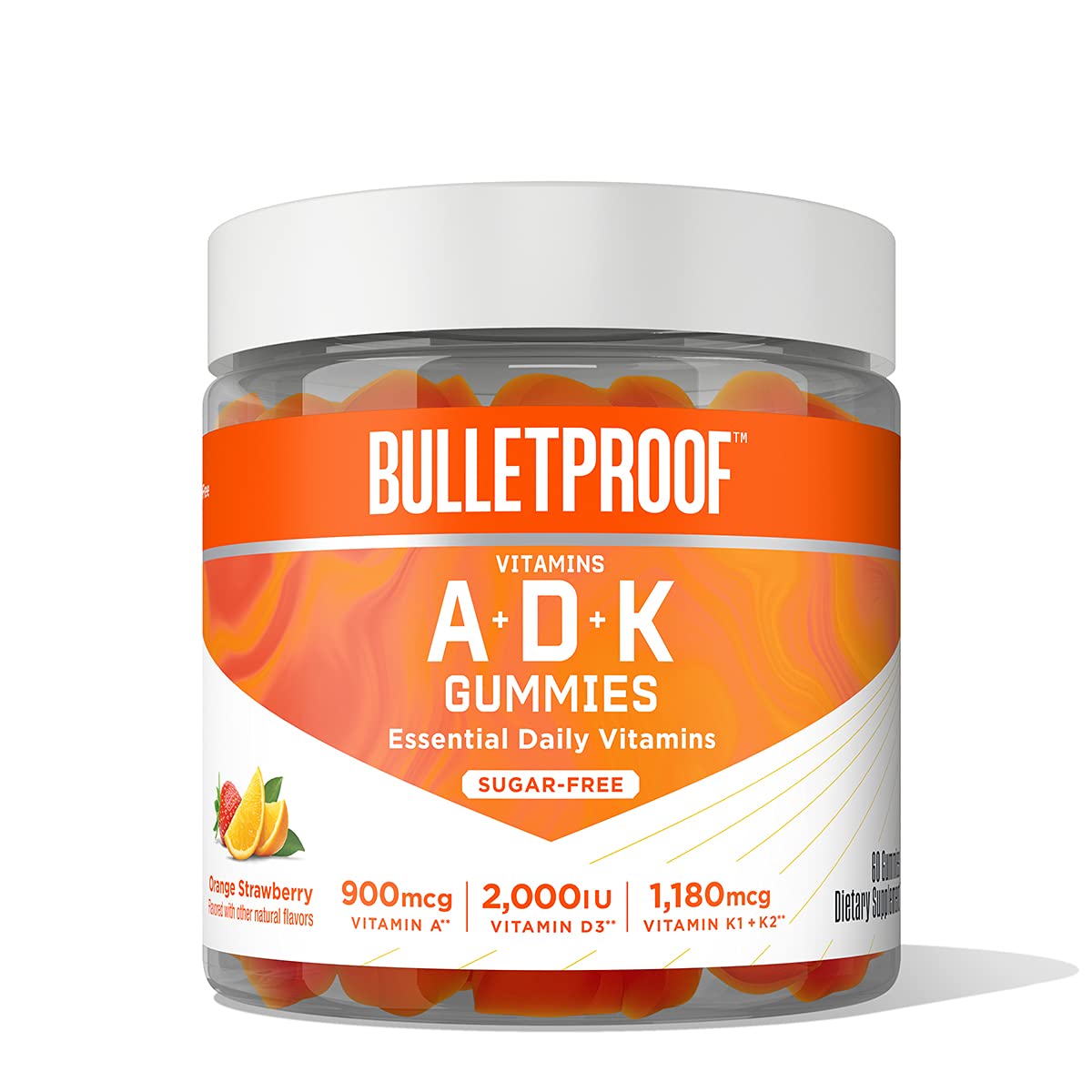 Bulletproof gomitas sin azúcar en frasco; sabor naranja y fresa, snack saludable.