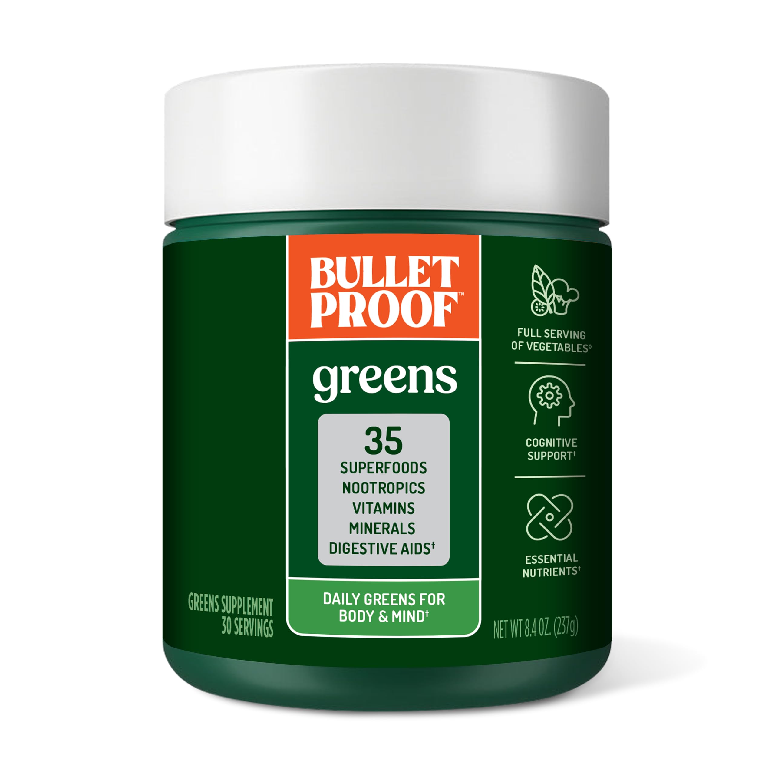 Bulletproof Greens en frasco de 8-4 onzas para nutrición diaria equilibrada