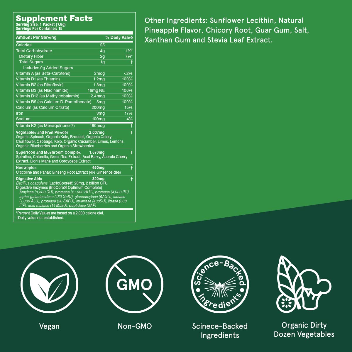 Bulletproof Greens sabor piña, polvo para energía diaria