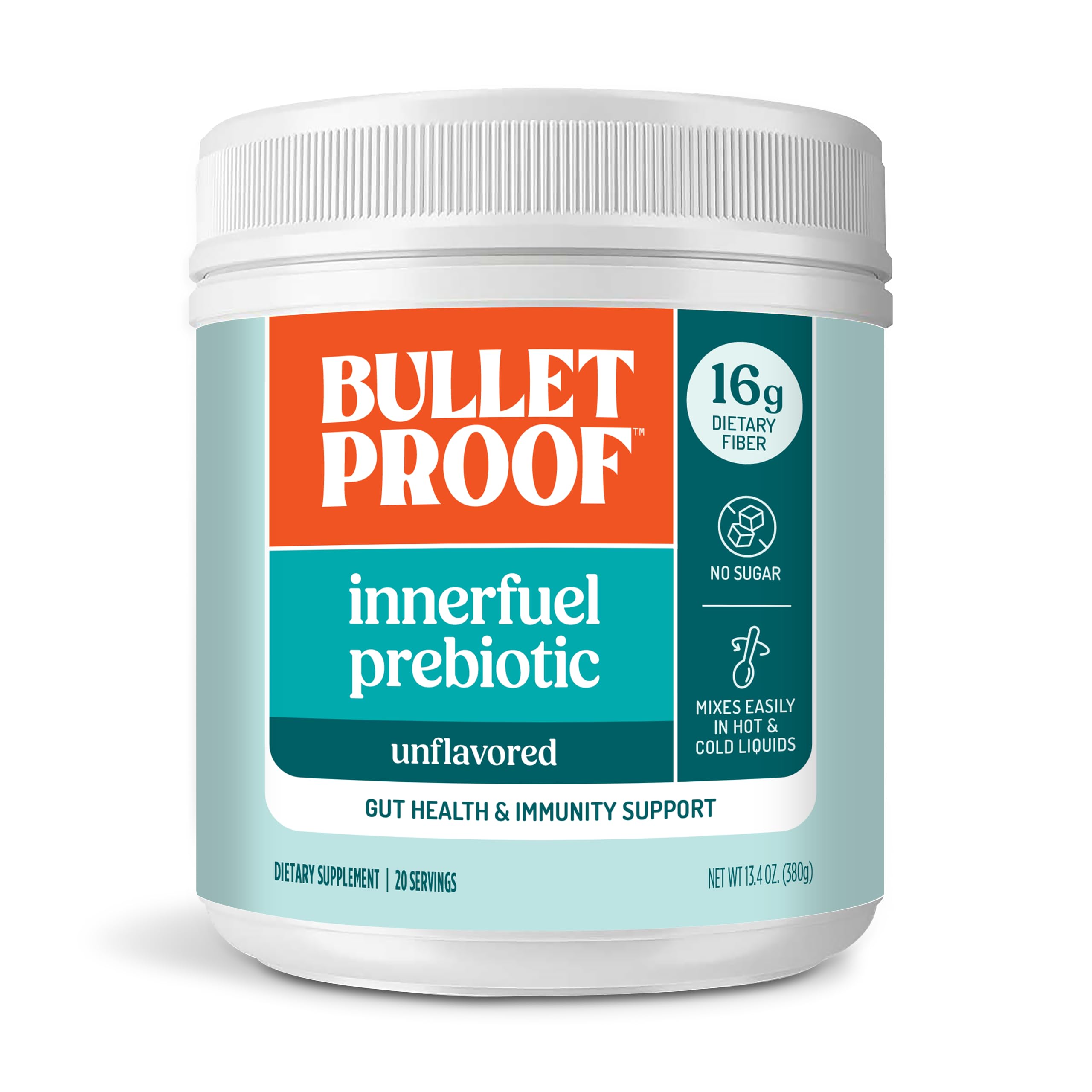 Bulletproof Innerfuel polvo de fibra prebiótica sin sabor, 16 g por porción, favorece la salud intestinal.