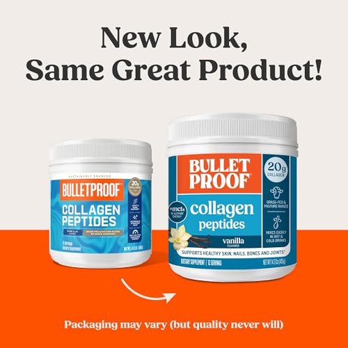Bulletproof polvos de colágeno de vainilla, etiqueta cercana y detalle de ingredientes