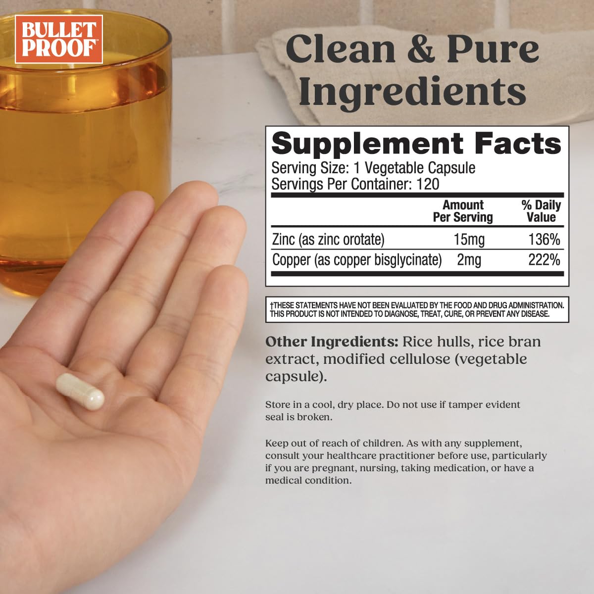Bulletproof Zinc con Cobre: etiqueta clara que destaca ingredientes clave.