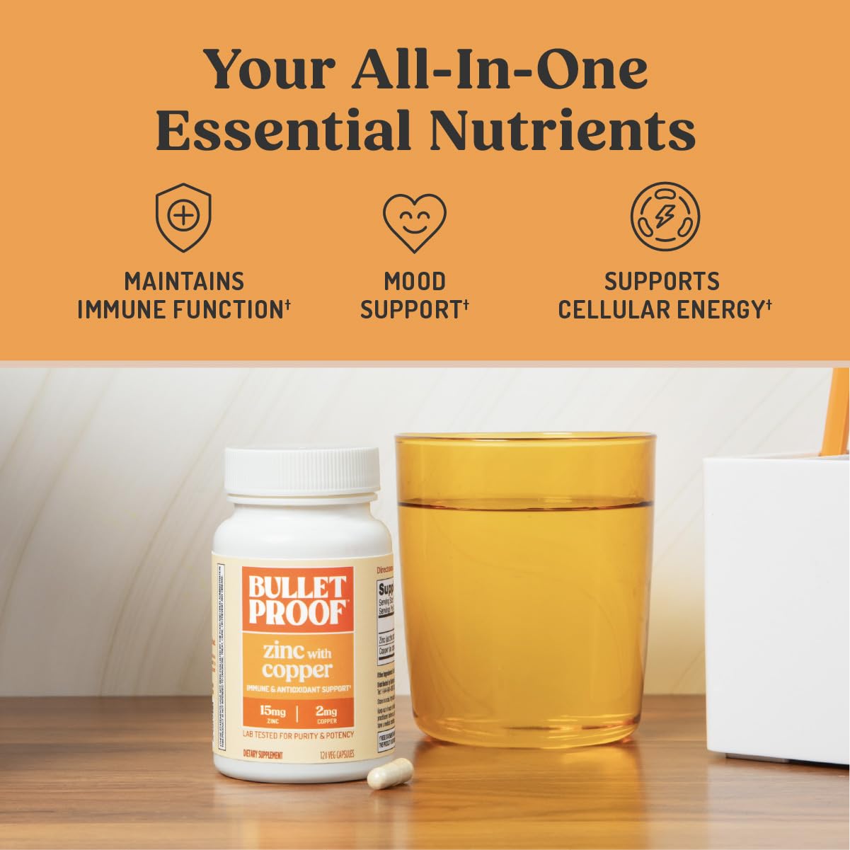 Bulletproof Zinc con Cobre: cápsula detallada para consumo diario con comida.