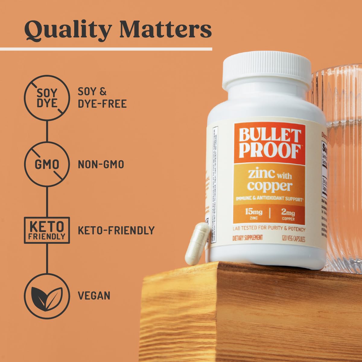 Bulletproof Zinc con Cobre: sello de laboratorio que garantiza pureza.