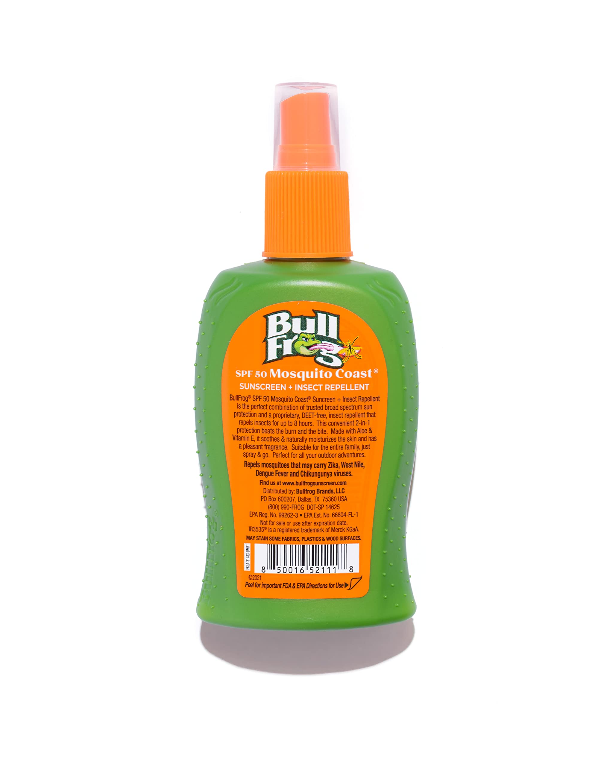 Bullfrog spray SPF50 ofrece protección solar y repelente en un solo uso.