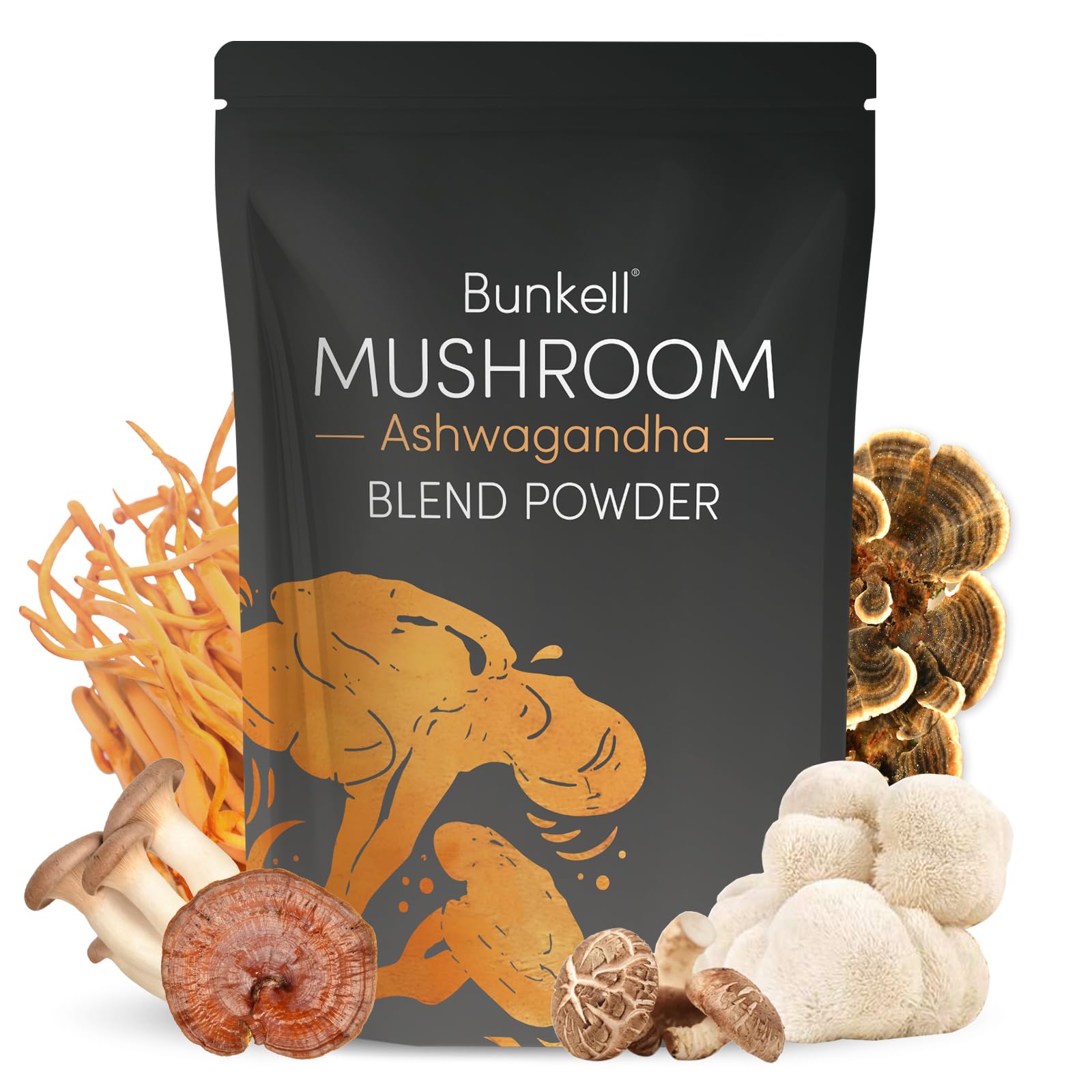 Bunkell Ashwagandha Hongos polvo frasco para energía y enfoque