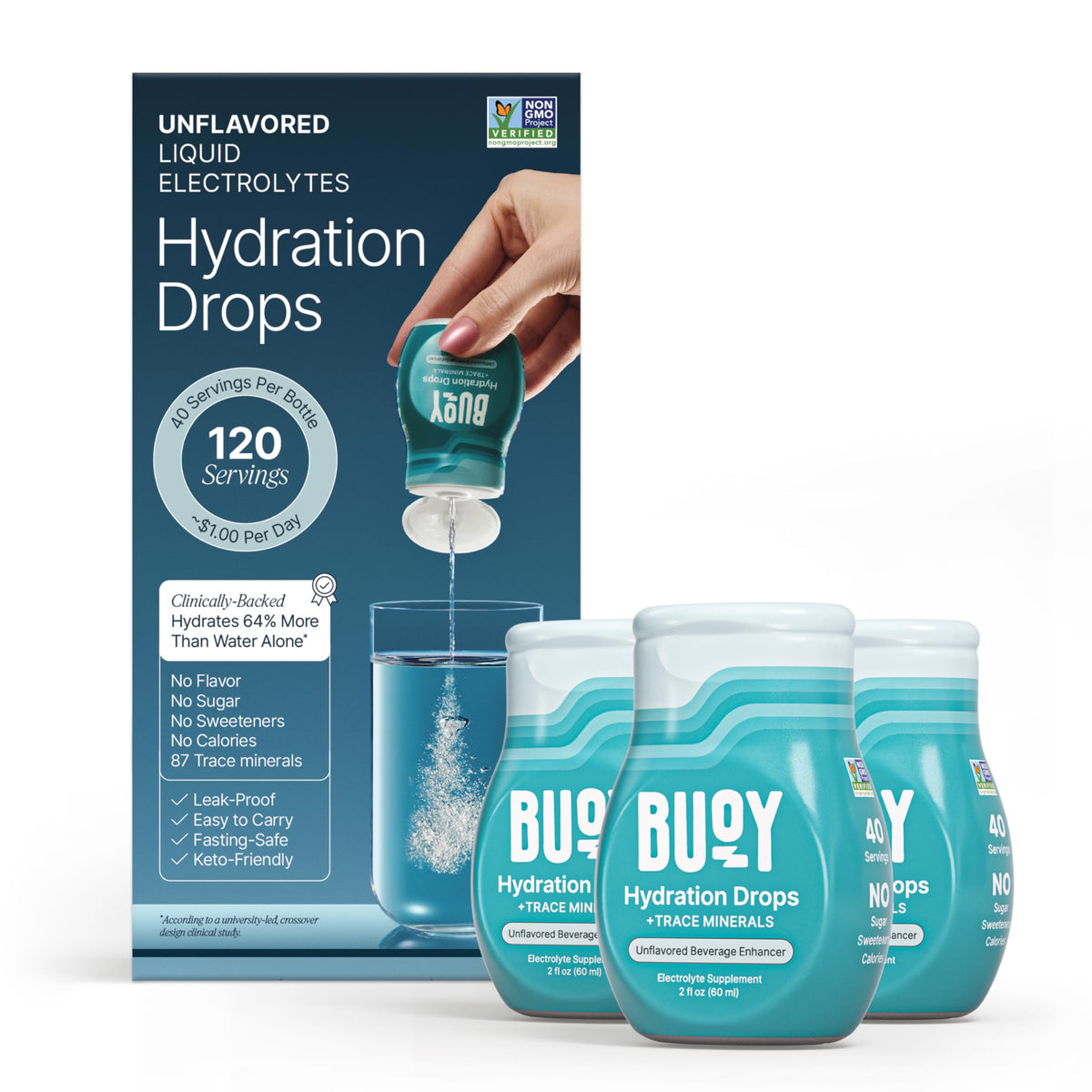 Buoy Gotas electrolitos en botella para hidratación conveniente.