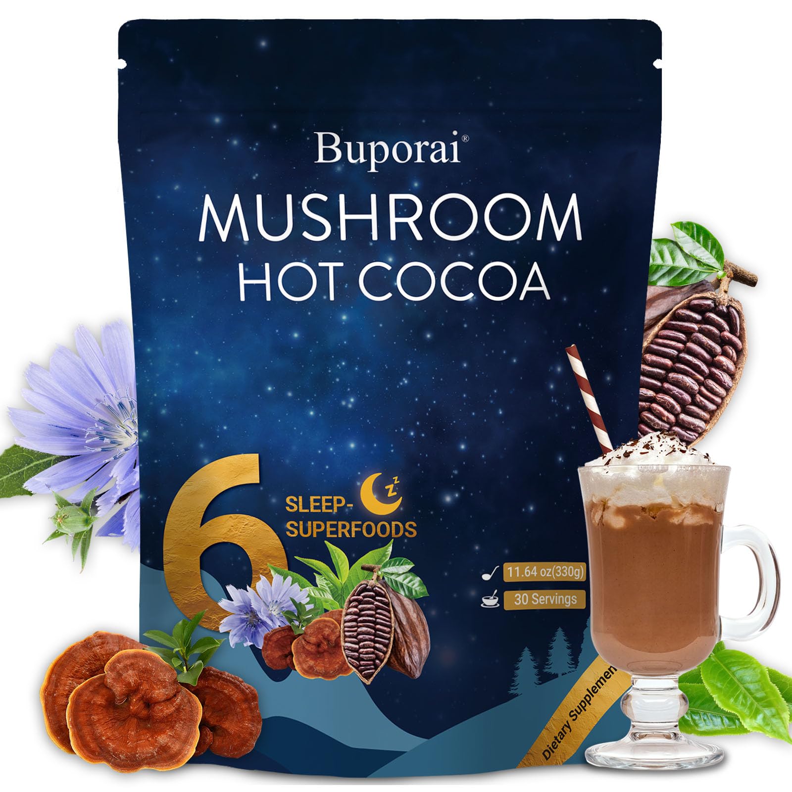 Buporai empaque hongos-reishi cacao para compra consciente.