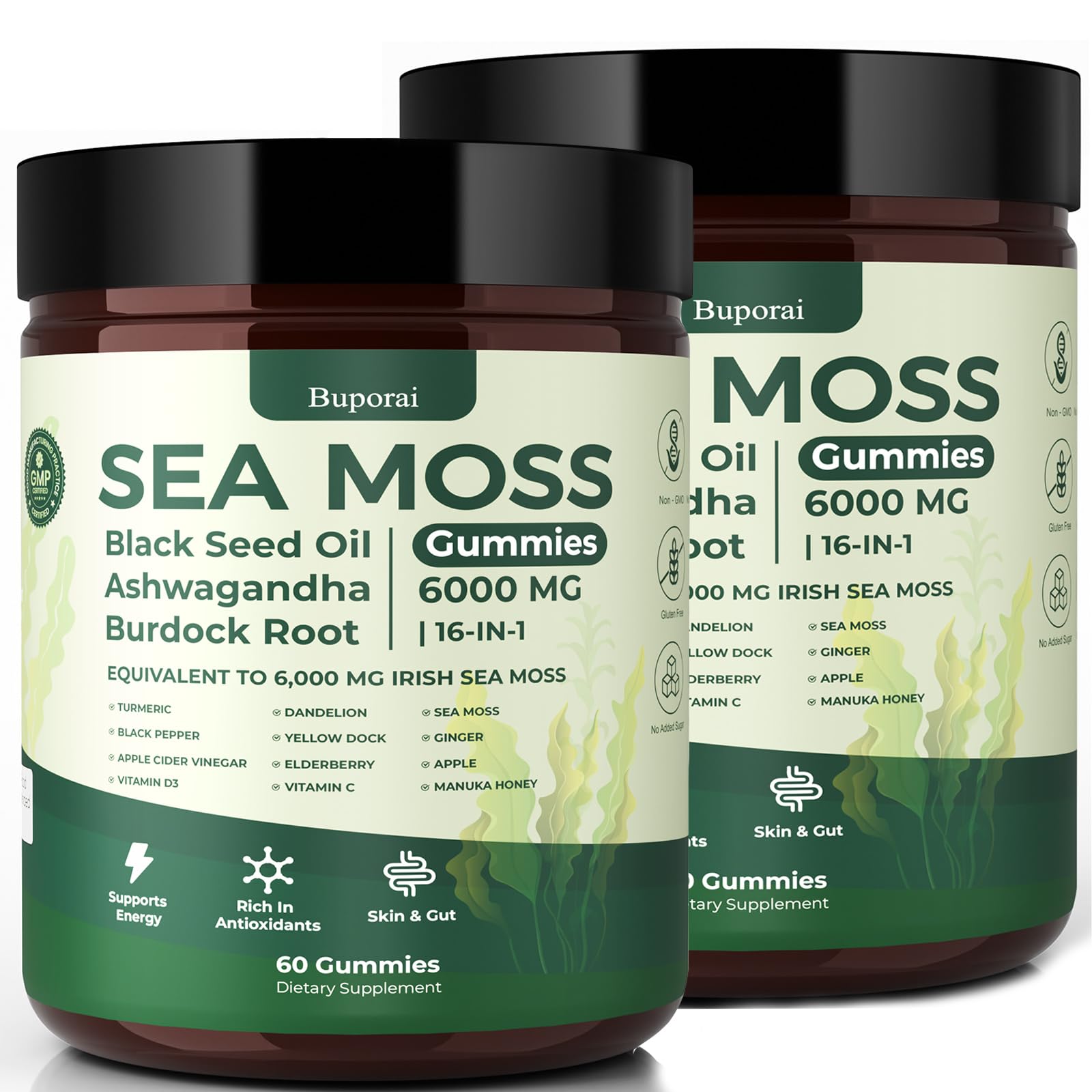 Gomitas Buporai Sea Moss 16-1 en envase, ideal para energía diaria.