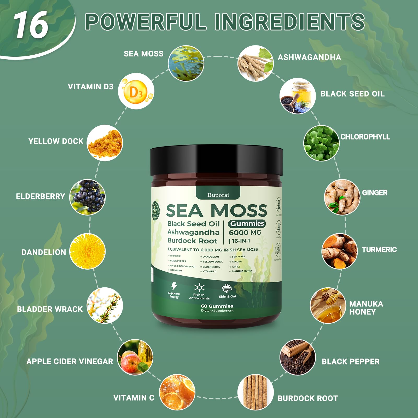 Presentación de las gomitas Buporai Sea Moss 16-1 para uso diario.