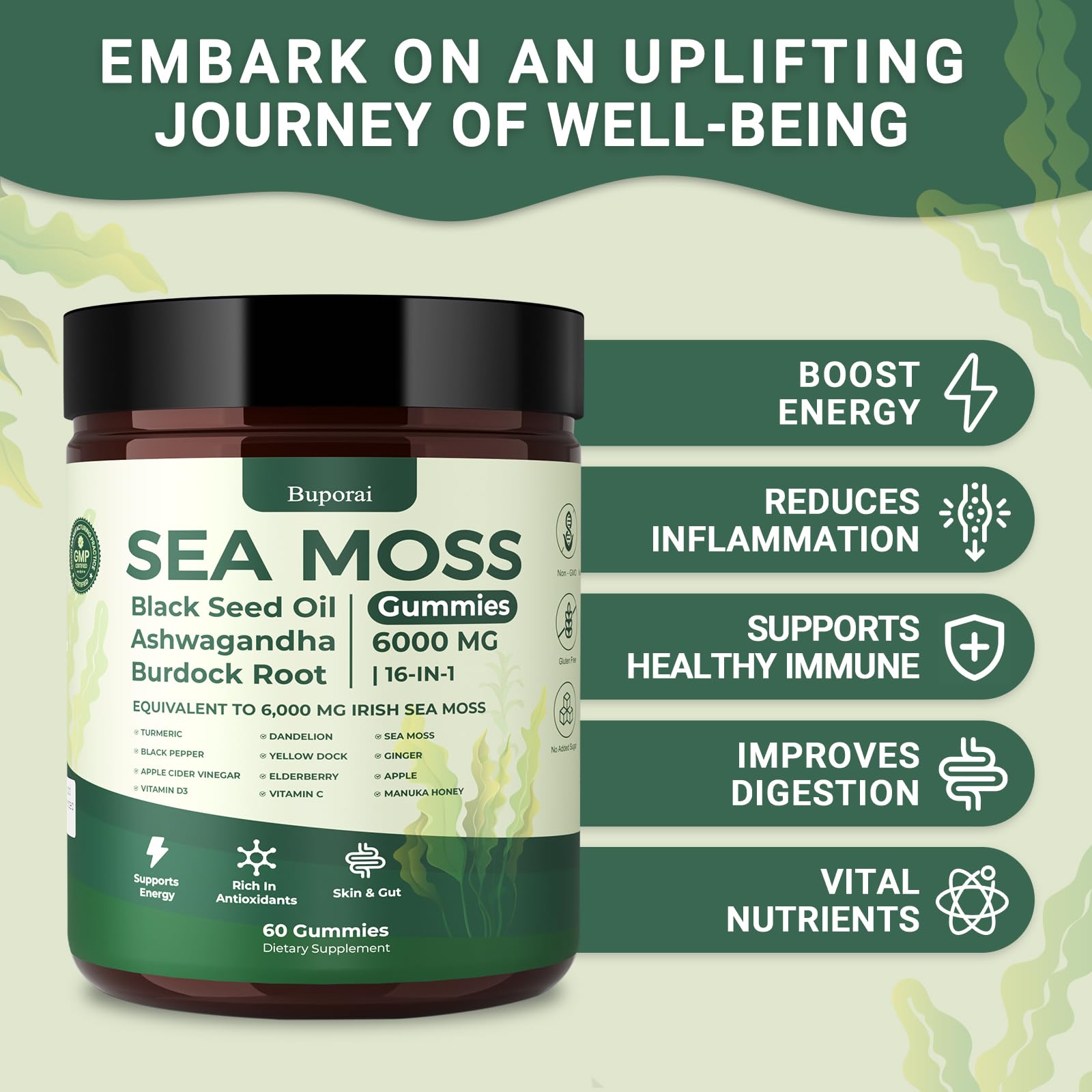 Gomitas de sabor natural-frutal Buporai Sea Moss 16-1 para bienestar diario.