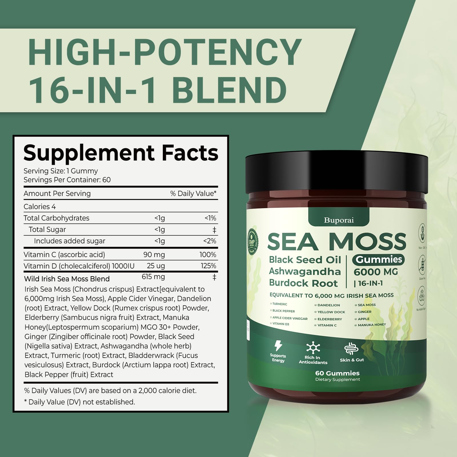 Textura suave de las gomitas Buporai Sea Moss 16-1 para consumo en movimiento.