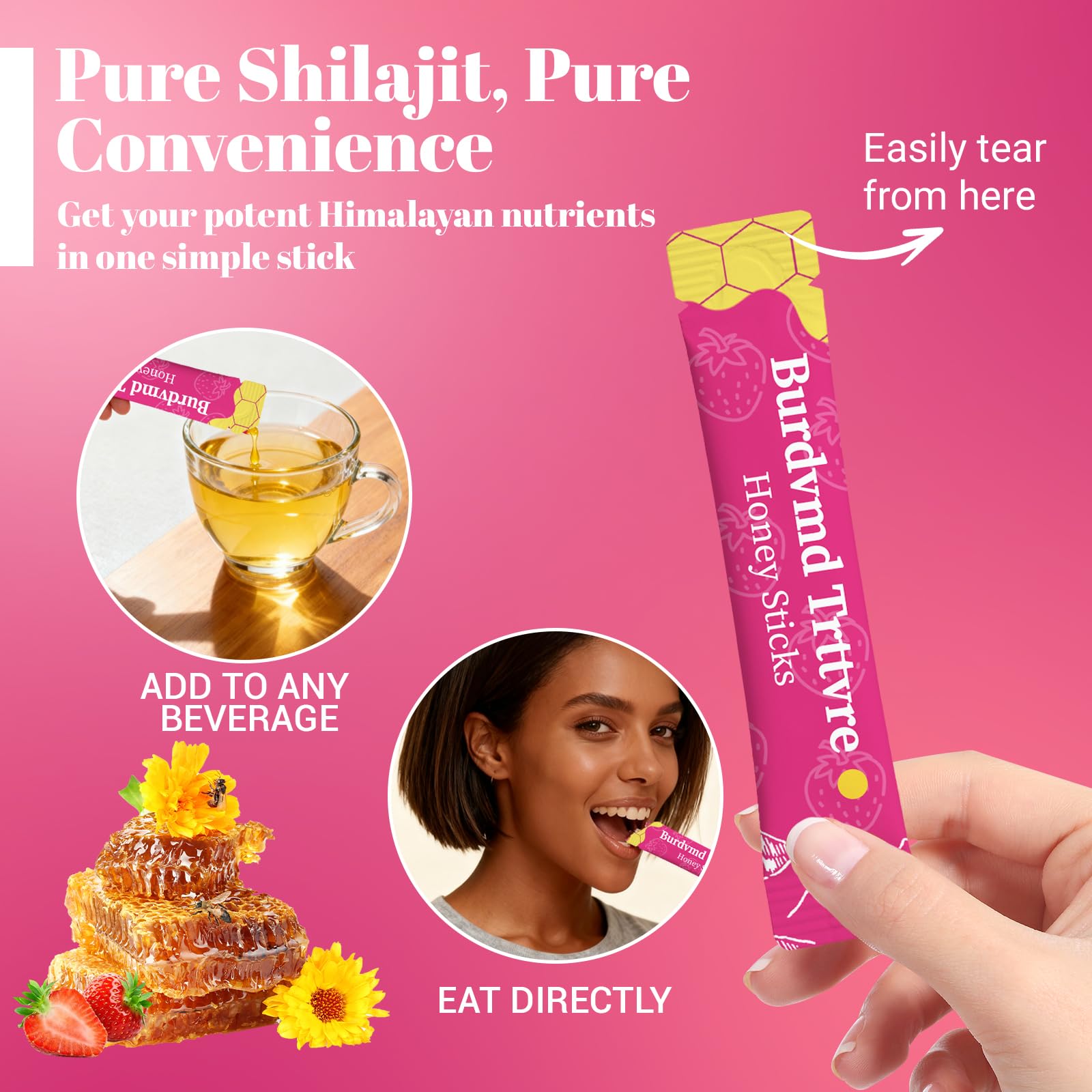 Burdvmd Trttvre Shilajit Honey Stick fresa, apoyo para hombres activos.
