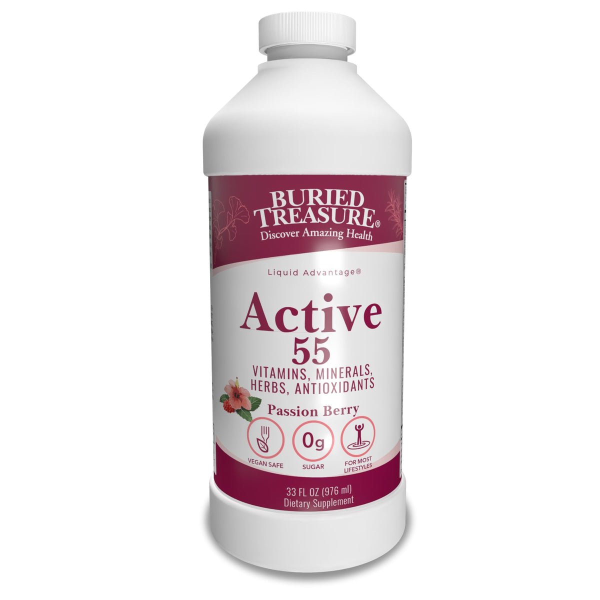 Buried Treasure Active 55 Plus, etiqueta frontal, apoyo esencial para energía diaria.