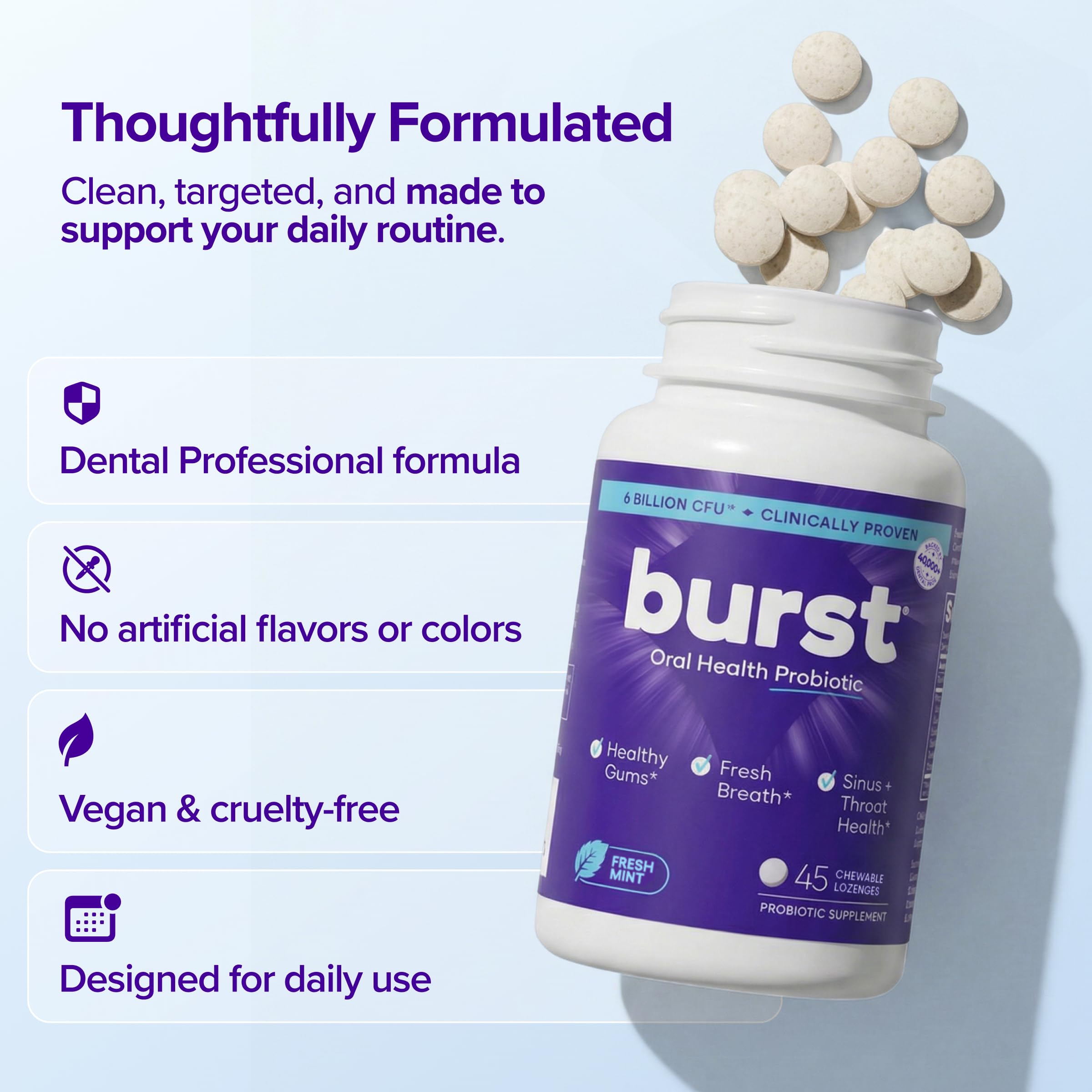 Burst Dental Probiotics fórmula sin aditivos artificiales y lactosa