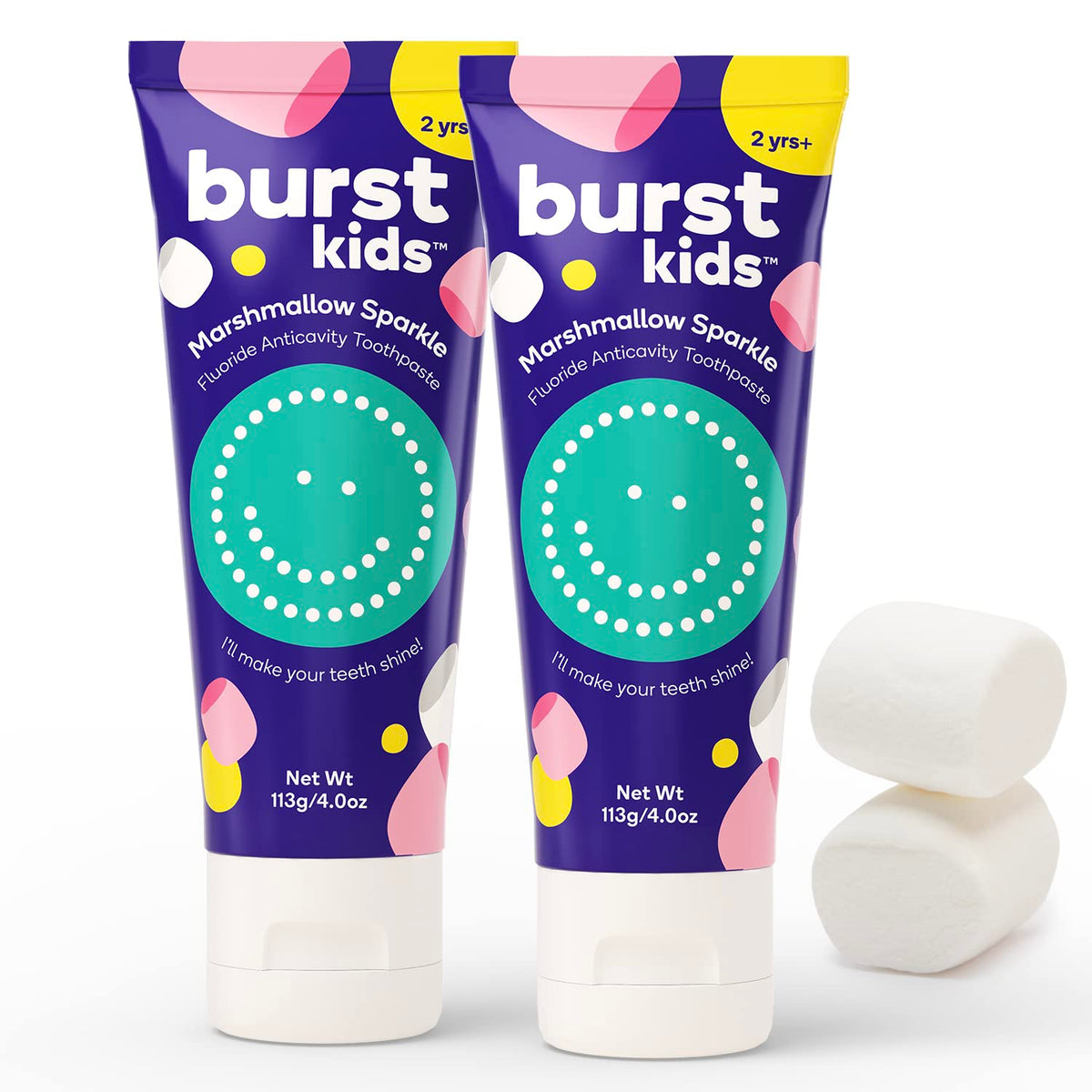 Burst Marshmallow Brillo para niños, empaque práctico y colorido