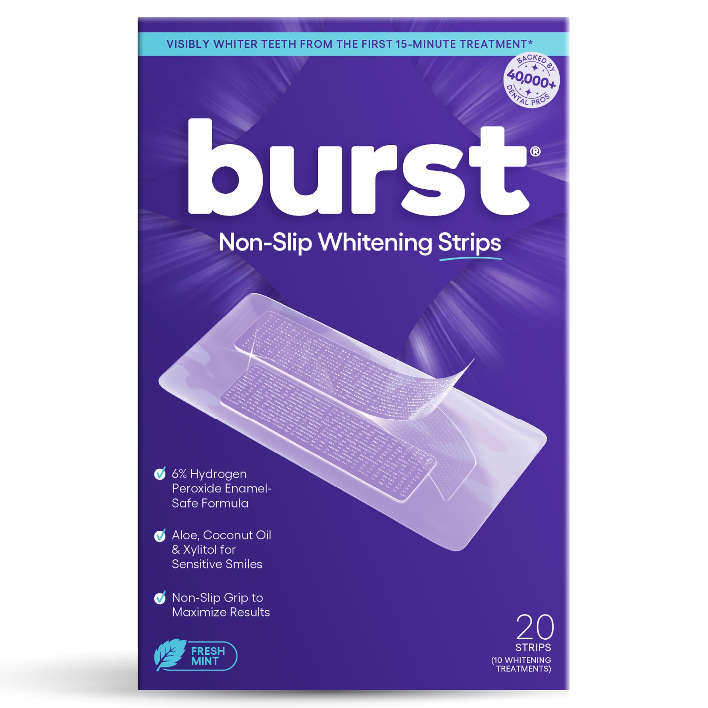 Burst caja de tiras blanqueadoras de menta para uso en casa.