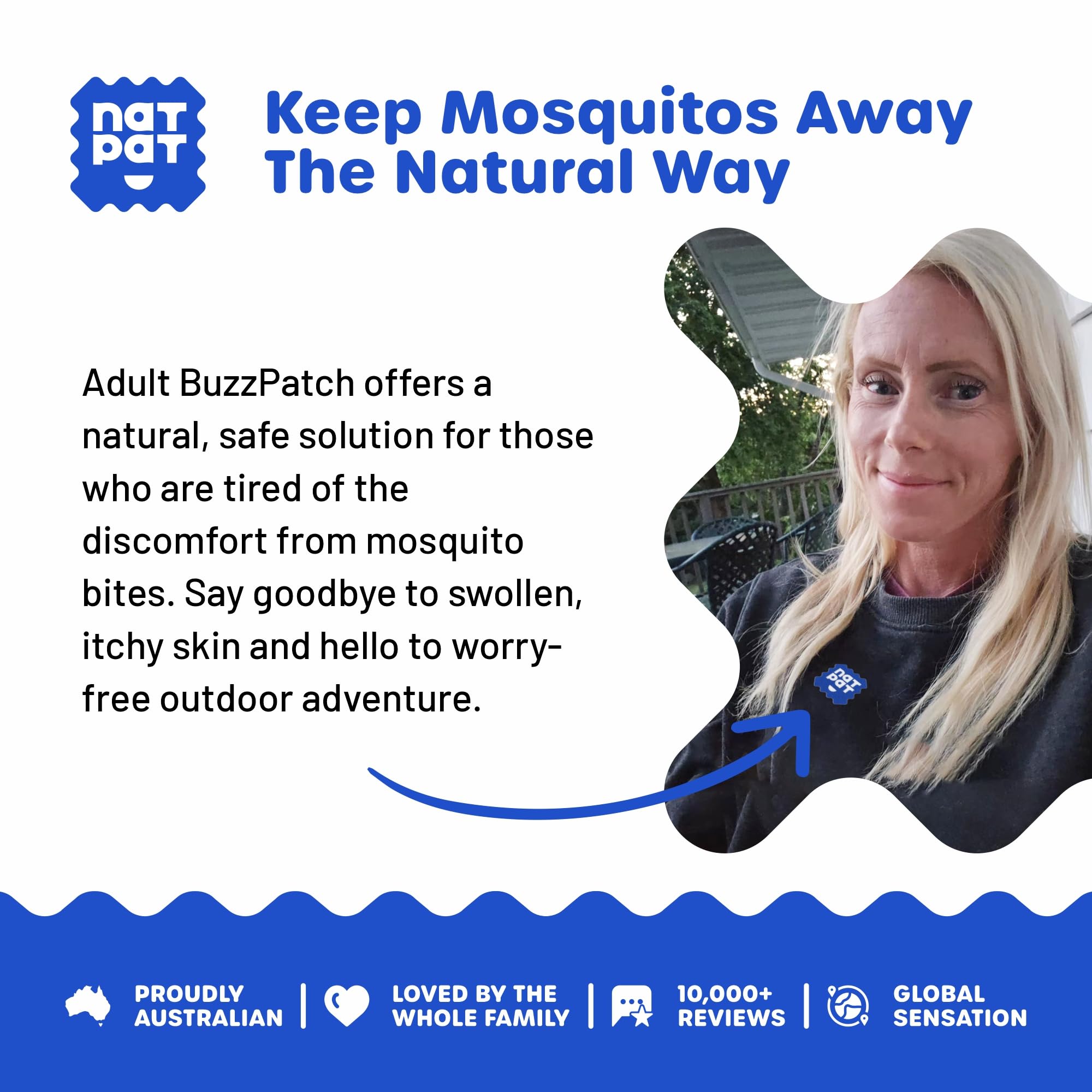 BuzzPatch aplicación en ropa exterior: uso cómodo sin contacto directo con la piel.