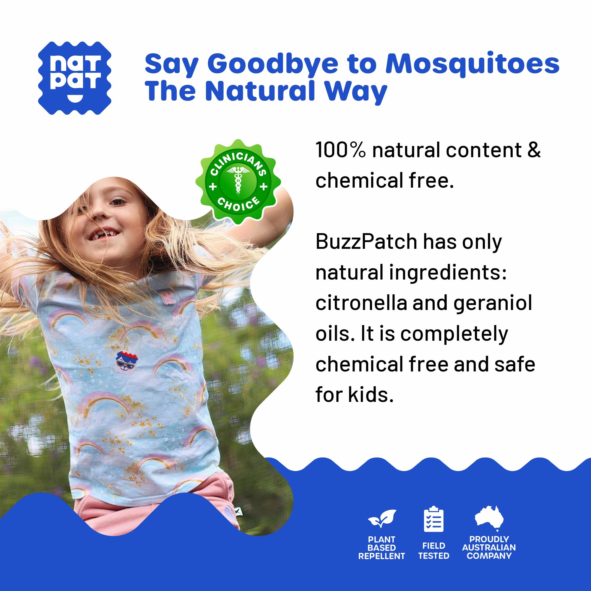 BuzzPatch parches con diseños sonrientes para niños, atractivos y fáciles de aplicar.