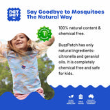 BuzzPatch parches con diseños sonrientes para niños, atractivos y fáciles de aplicar.